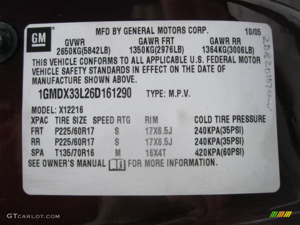2006 Pontiac Montana SV6 AWD Info Tag Photo #44506327