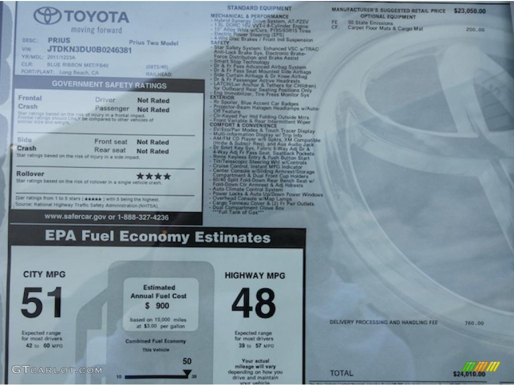 2011 Toyota Prius Hybrid II Window Sticker Photo #44555329