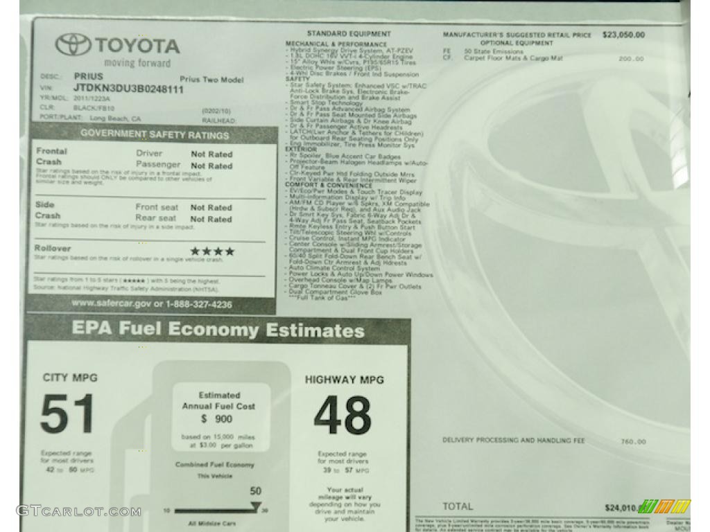 2011 Toyota Prius Hybrid II Window Sticker Photo #44555765
