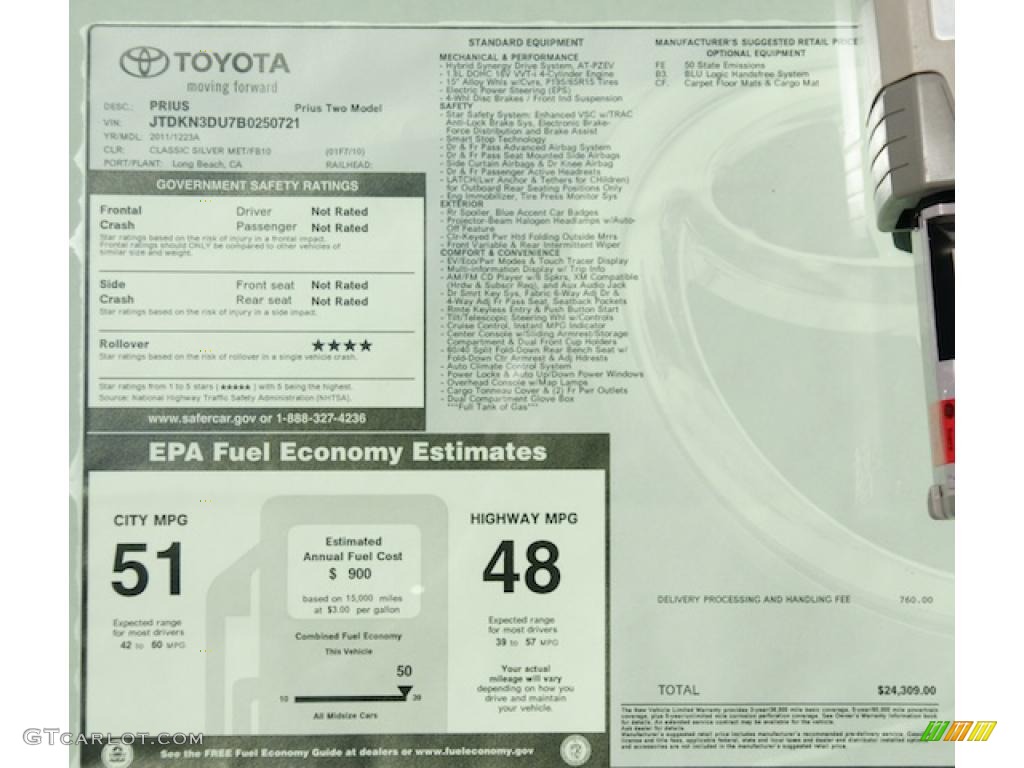 2011 Toyota Prius Hybrid II Window Sticker Photo #44556053