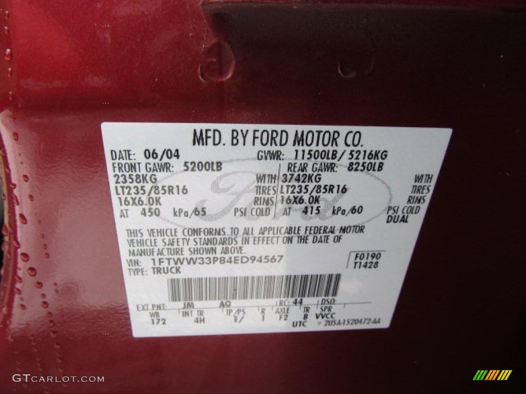 2004 F350 Super Duty Color Code JM for Dark Toreador Red Metallic Photo #44563949