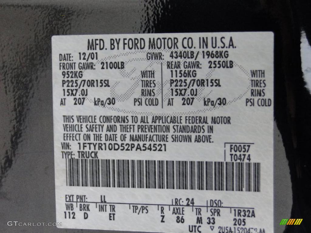2002 Ford Ranger XLT Regular Cab Color Code Photos