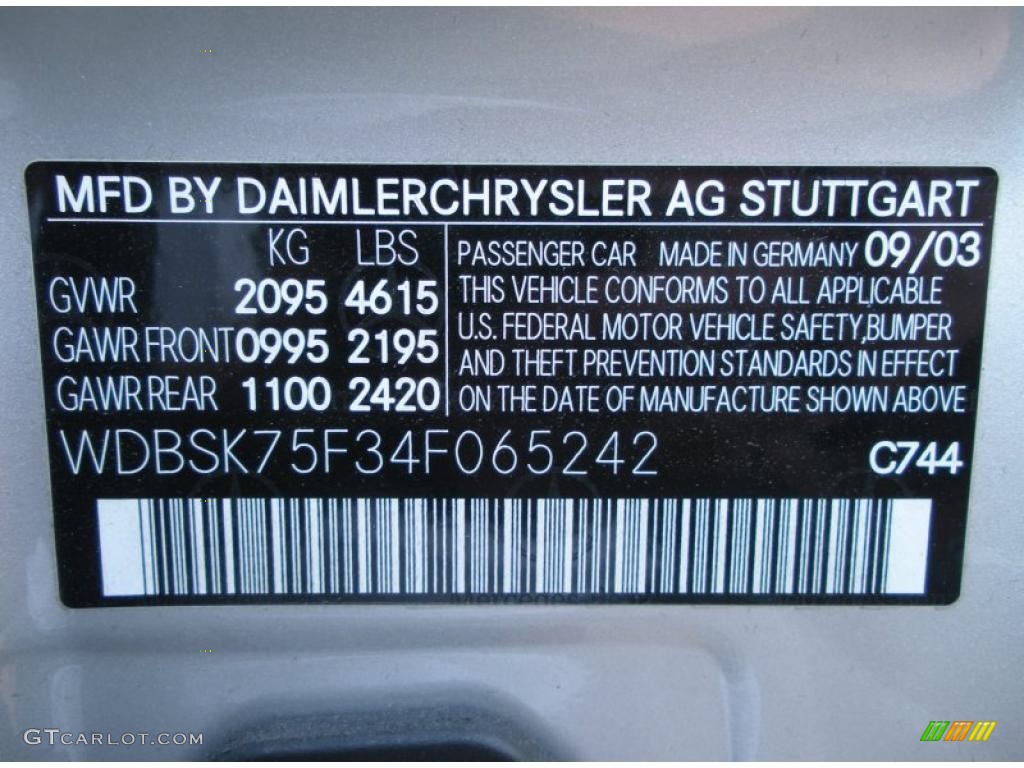 2004 SL Color Code 744 for Brilliant Silver Metallic Photo #44592459