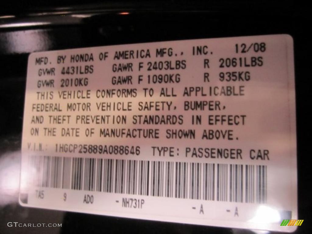 2009 Accord Color Code NH731P for Crystal Black Pearl Photo #44622579