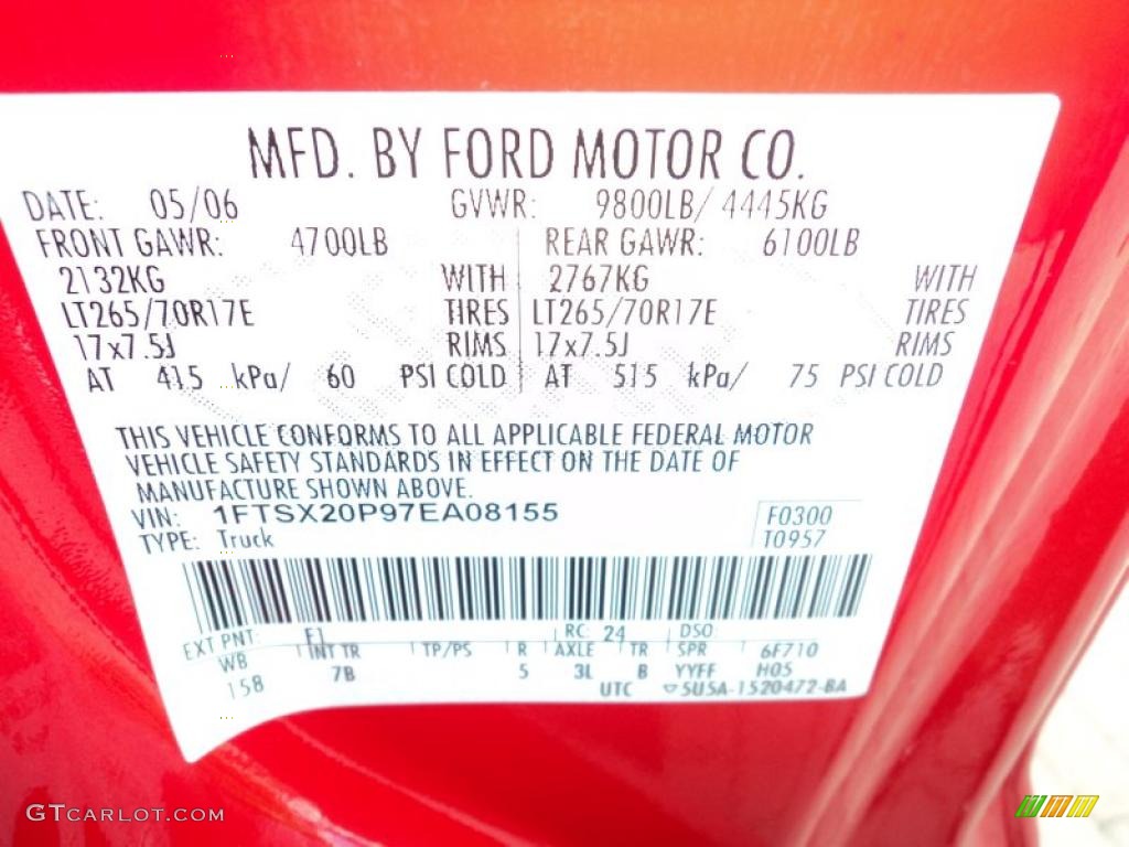 2007 F250 Super Duty Color Code F1 for Red Clearcoat Photo #44627204