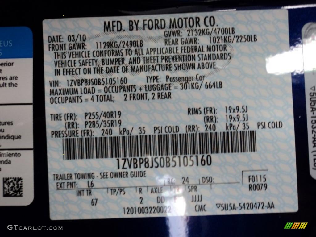 2011 Mustang Color Code L6 for Kona Blue Metallic Photo #44630694