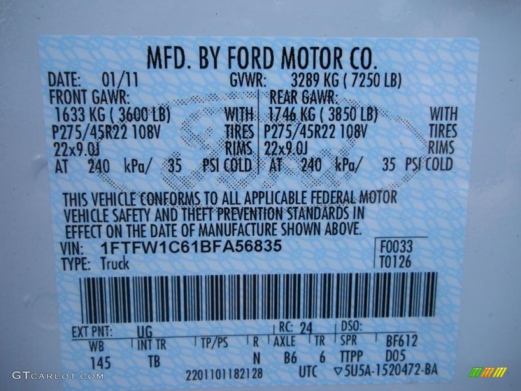 2011 F150 Color Code UG for White Platinum Metallic Tri-Coat Photo #44634126