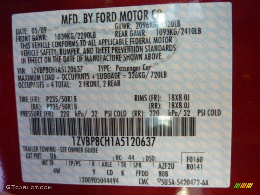 2010 Mustang Color Code U6 for Red Candy Metallic Photo #44640686