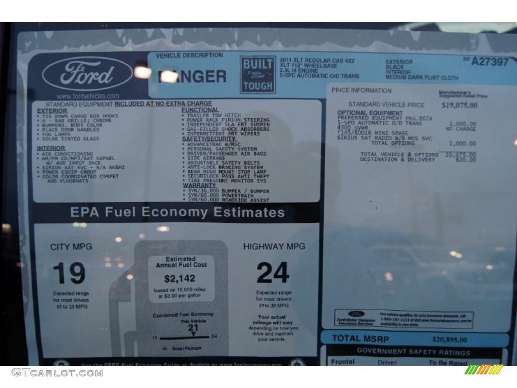 2011 Ford Ranger XLT Regular Cab Window Sticker Photo #44716146