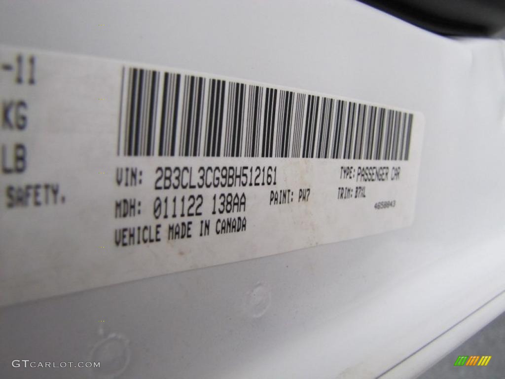 2011 Charger Color Code PW7 for Bright White Photo #44739070