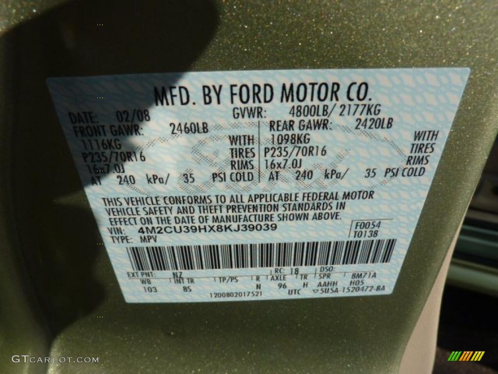 2008 Mercury Mariner Hybrid 4WD Color Code Photos