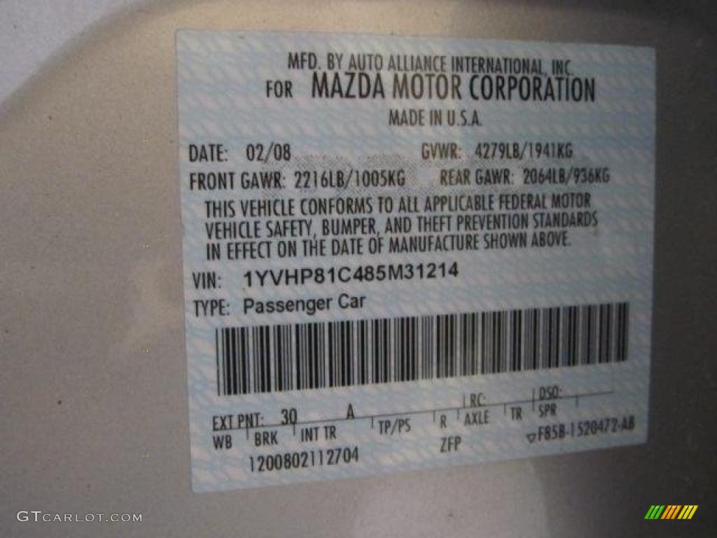 2008 MAZDA6 Color Code 30A for Silver Metallic Photo #44772161