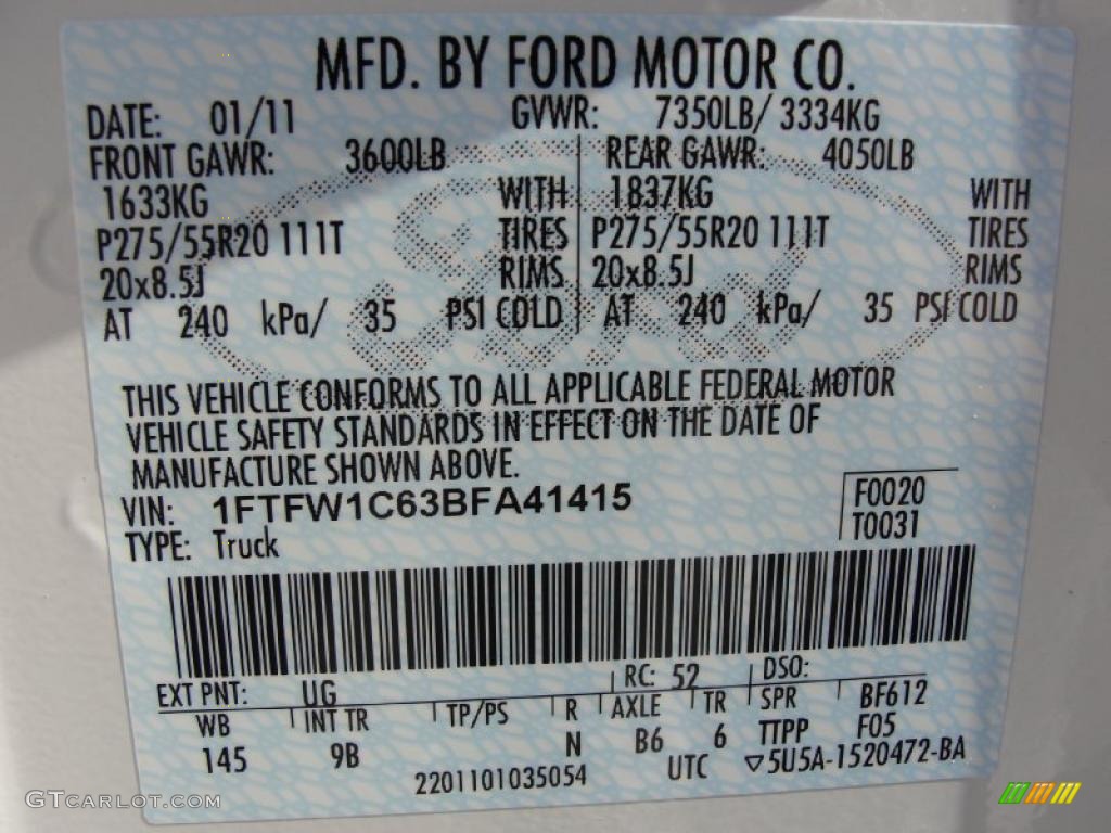 2011 F150 Color Code UG for White Platinum Metallic Tri-Coat Photo #44780926