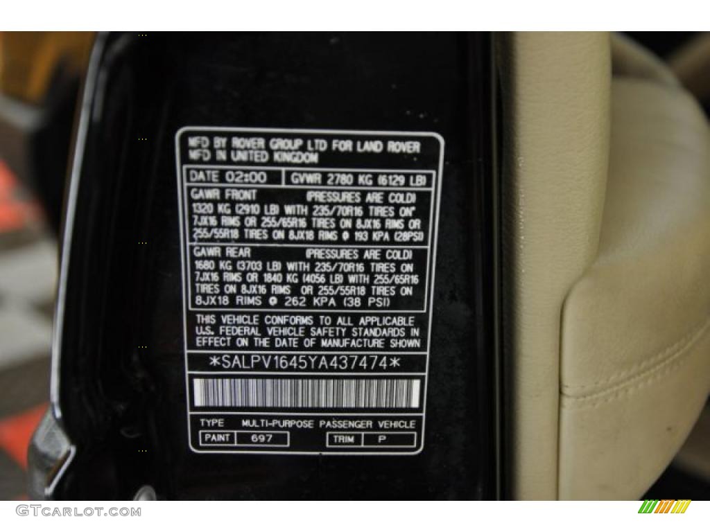2000 Range Rover Color Code 697 for Java Black Photo #44787736