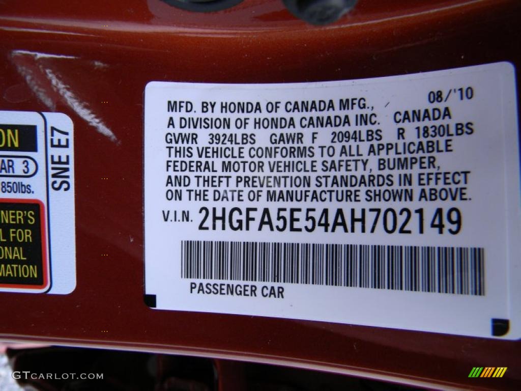 2010 Honda Civic Si Sedan Info Tag Photo #44789070