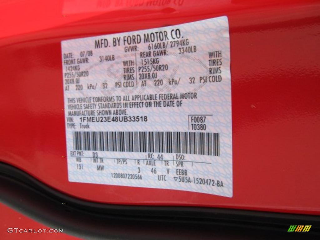 2008 Explorer Sport Trac Color Code D3 for Colorado Red Photo #44823064
