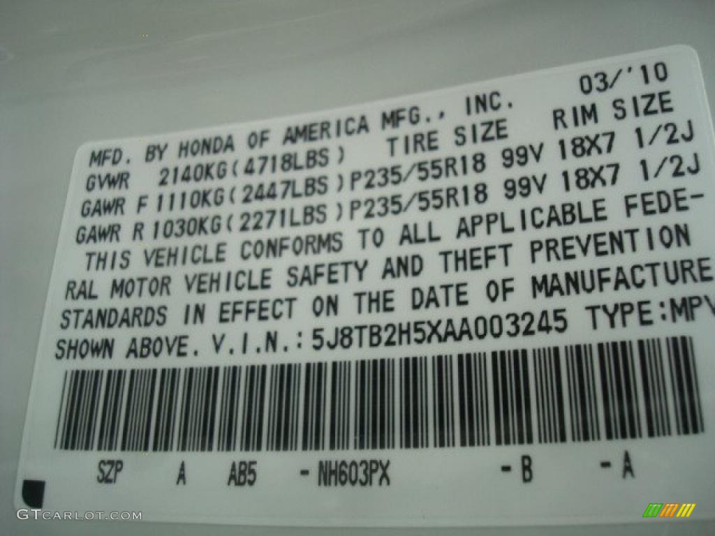 2010 RDX Color Code NH603PX for White Diamond Pearl Photo #44840252