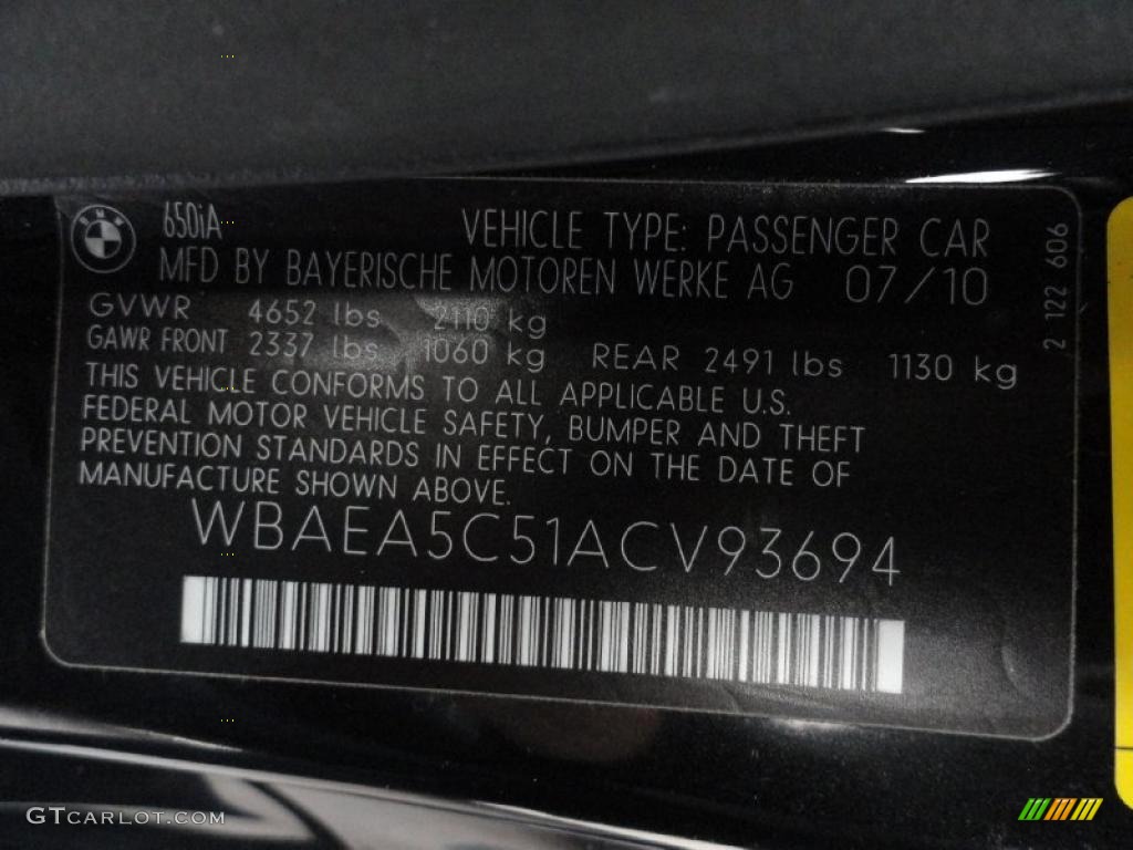 2010 BMW 6 Series 650i Coupe Info Tag Photo #44846304