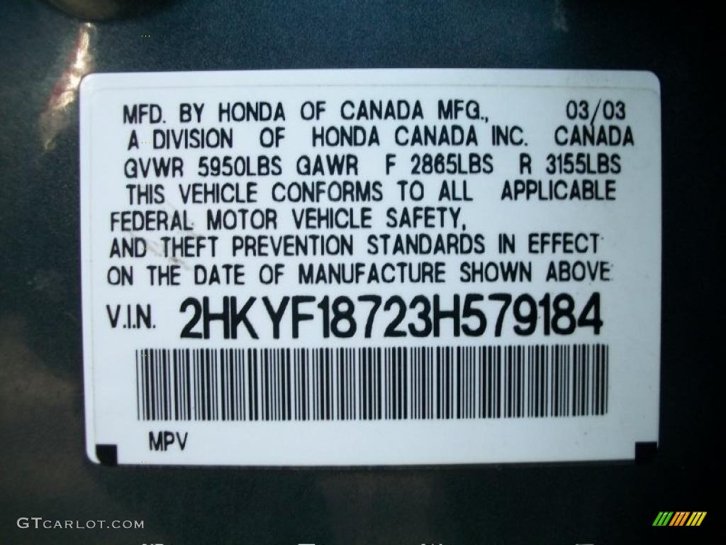 2003 Honda Pilot EX-L 4WD Info Tag Photos