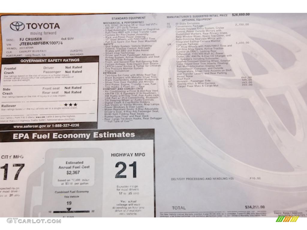 2011 Toyota FJ Cruiser 4WD Window Sticker Photo #44895230
