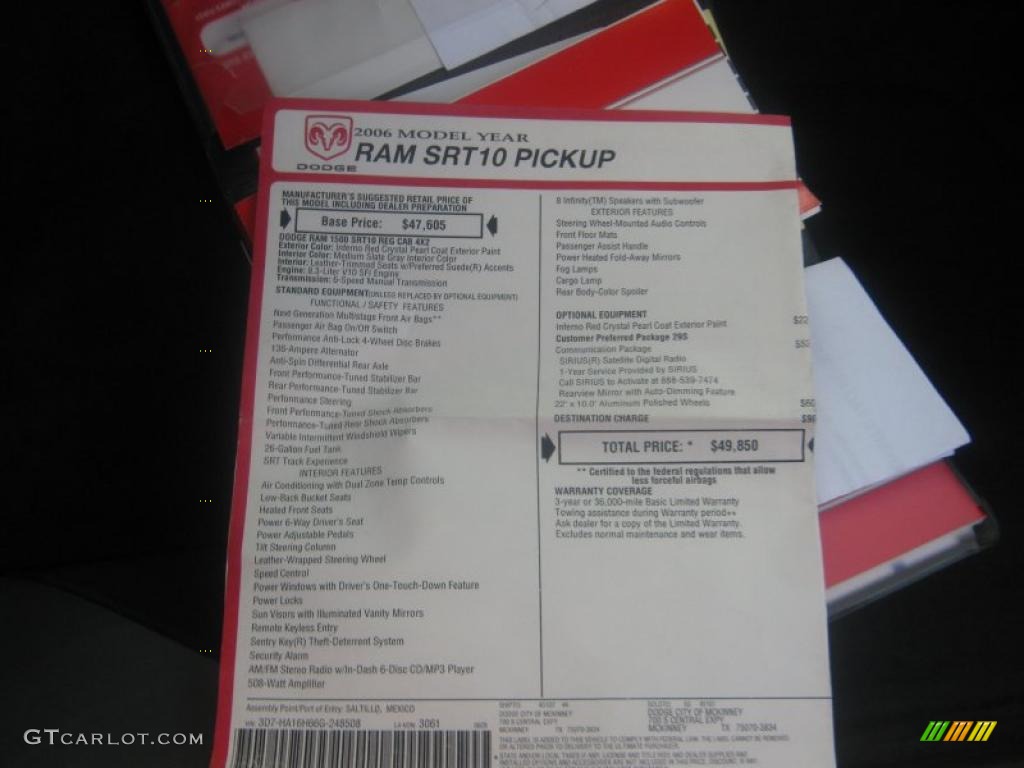 2006 Dodge Ram 1500 SRT-10 Regular Cab Window Sticker Photo #44916776