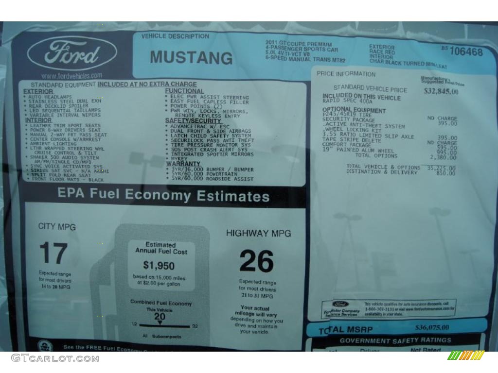 2011 Ford Mustang GT Premium Coupe Window Sticker Photo #44918968