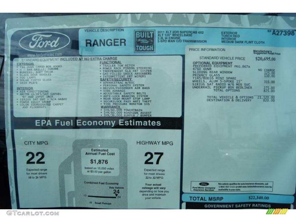 2011 Ford Ranger XLT SuperCab Window Sticker Photo #44920740