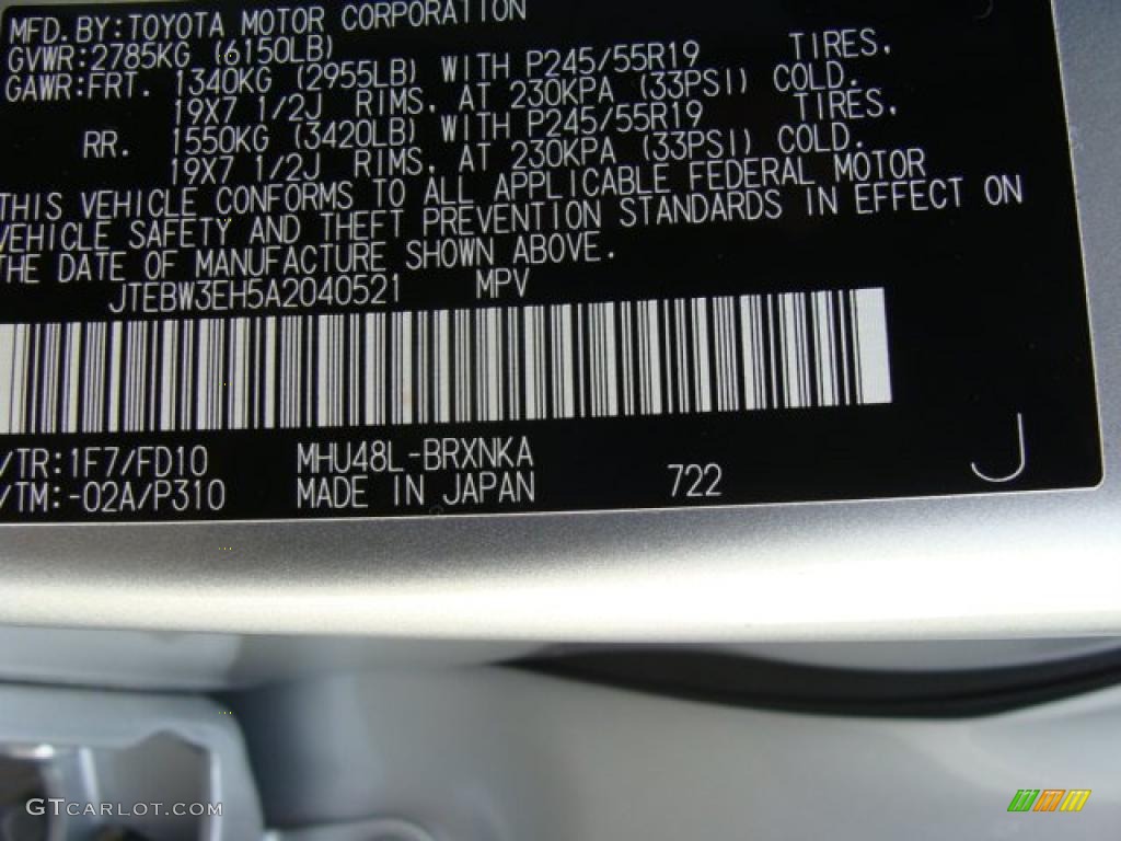 2010 Toyota Highlander Hybrid 4WD Color Code Photos
