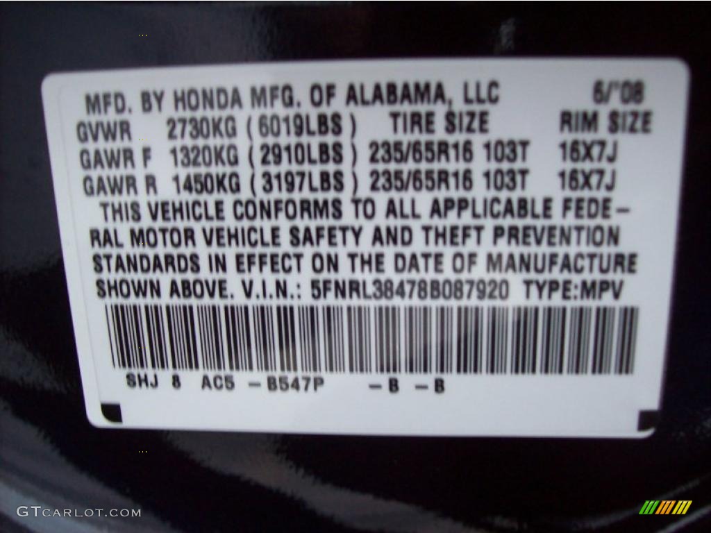 2008 Odyssey Color Code B547P for Baltic Blue Pearl Photo #44931181