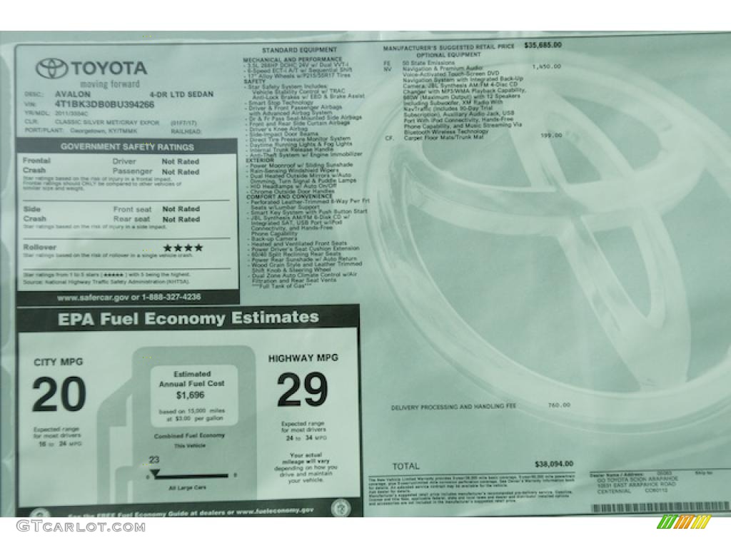 2011 Toyota Avalon Limited Window Sticker Photo #44982130