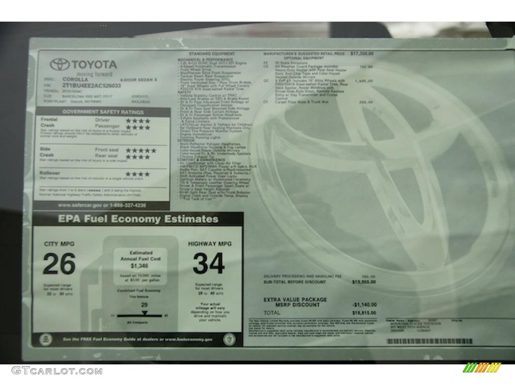 2010 Corolla S - Barcelona Red Metallic / Dark Charcoal photo #9
