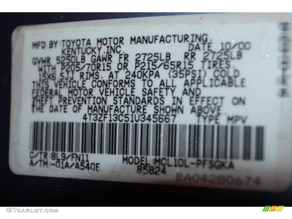 2001 Sienna Color Code 8L9 for Denim Blue Mica Photo #45067517