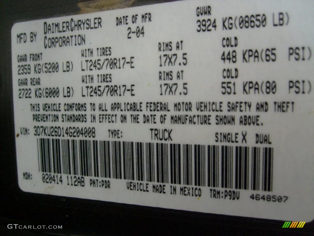 2004 Ram 2500 Color Code PDR for Graphite Metallic Photo #45093621