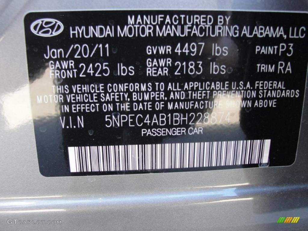 2011 Sonata Color Code P3 for Harbor Gray Metallic Photo #45098010