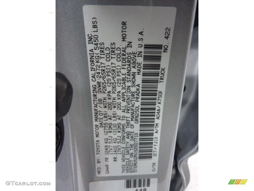 2009 Tacoma Color Code 1E7 for Silver Streak Mica Photo #45101544
