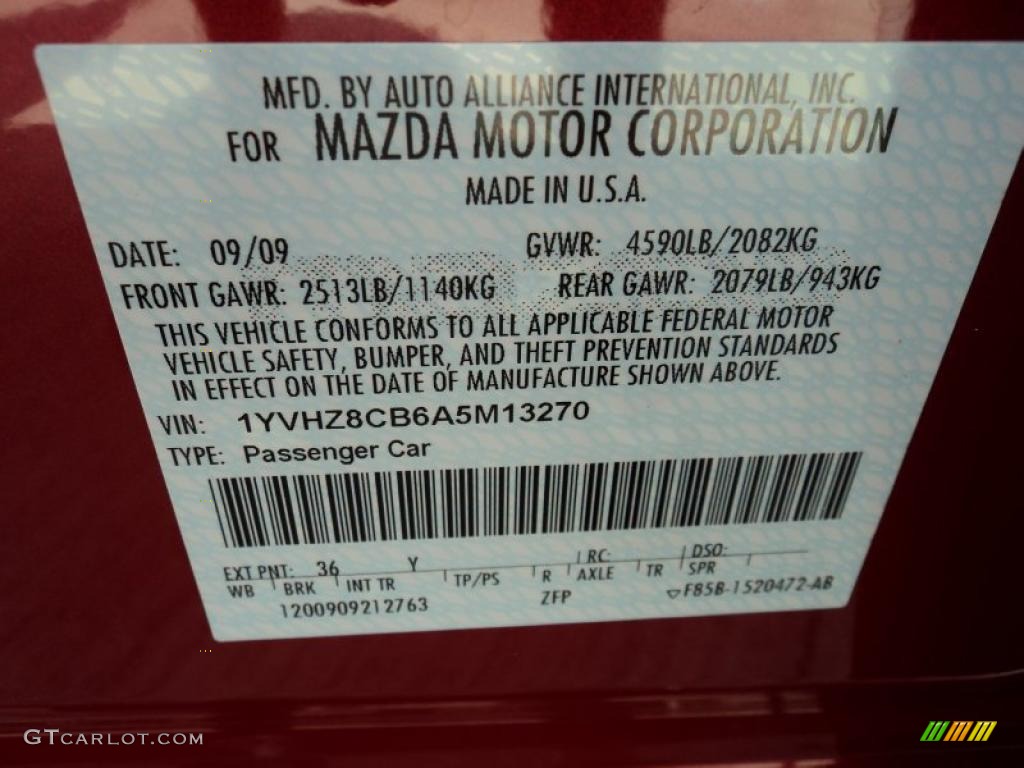 2010 MAZDA6 Color Code 36Y for Sangria Red Mica Photo #45122598