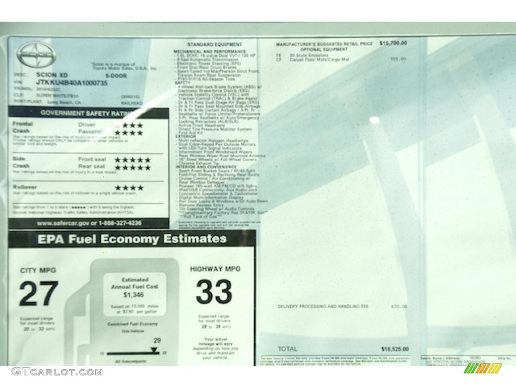 2010 Scion xD Standard xD Model Window Sticker Photos