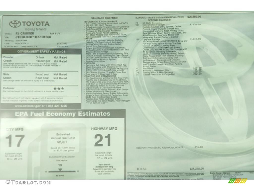 2011 Toyota FJ Cruiser 4WD Window Sticker Photo #45126170