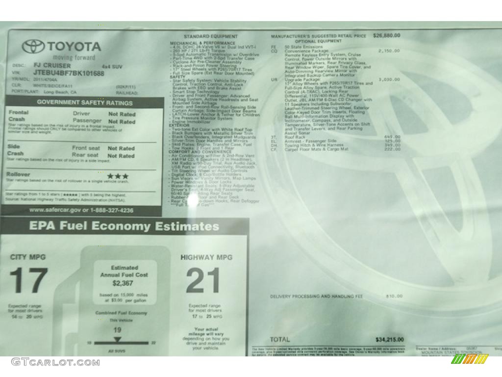 2011 Toyota FJ Cruiser 4WD Window Sticker Photo #45126310