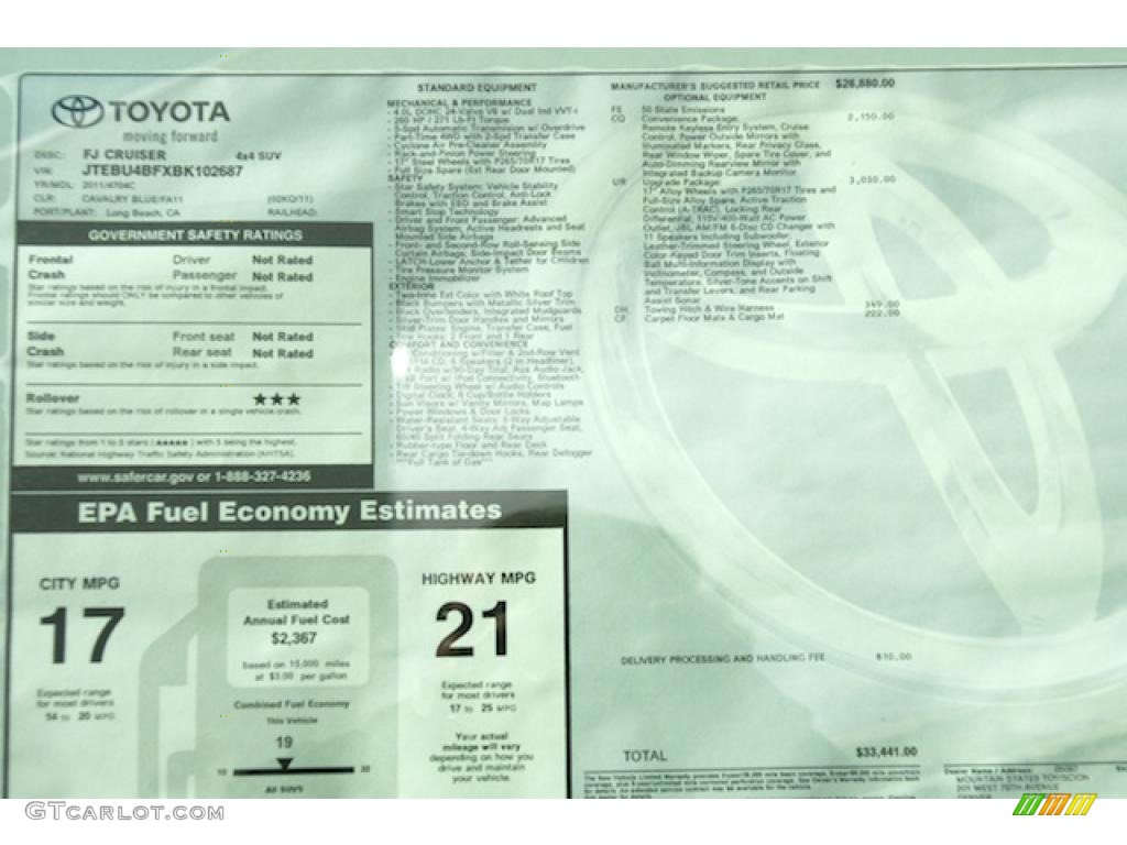 2011 Toyota FJ Cruiser 4WD Window Sticker Photo #45126470