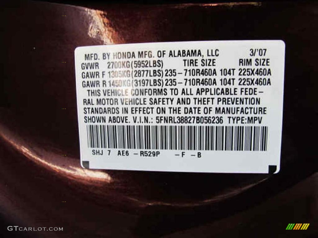 2007 Odyssey Color Code R529P for Dark Cherry Pearl Photo #45128134