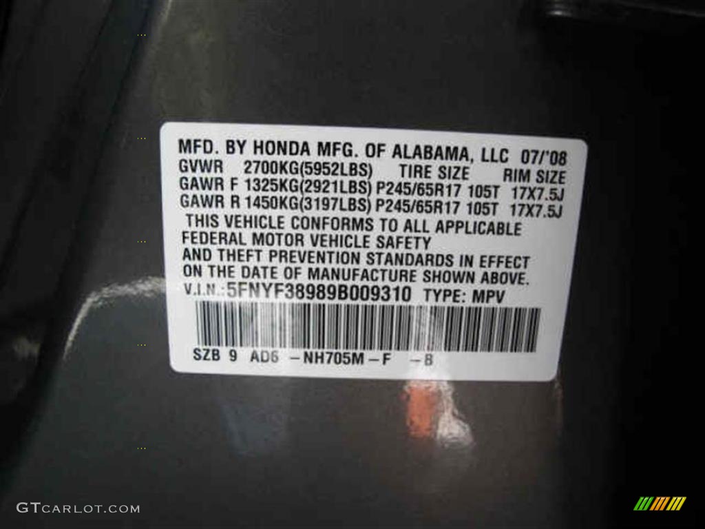 2009 Pilot Color Code NH705M for Nimbus Gray Metallic Photo #45128518