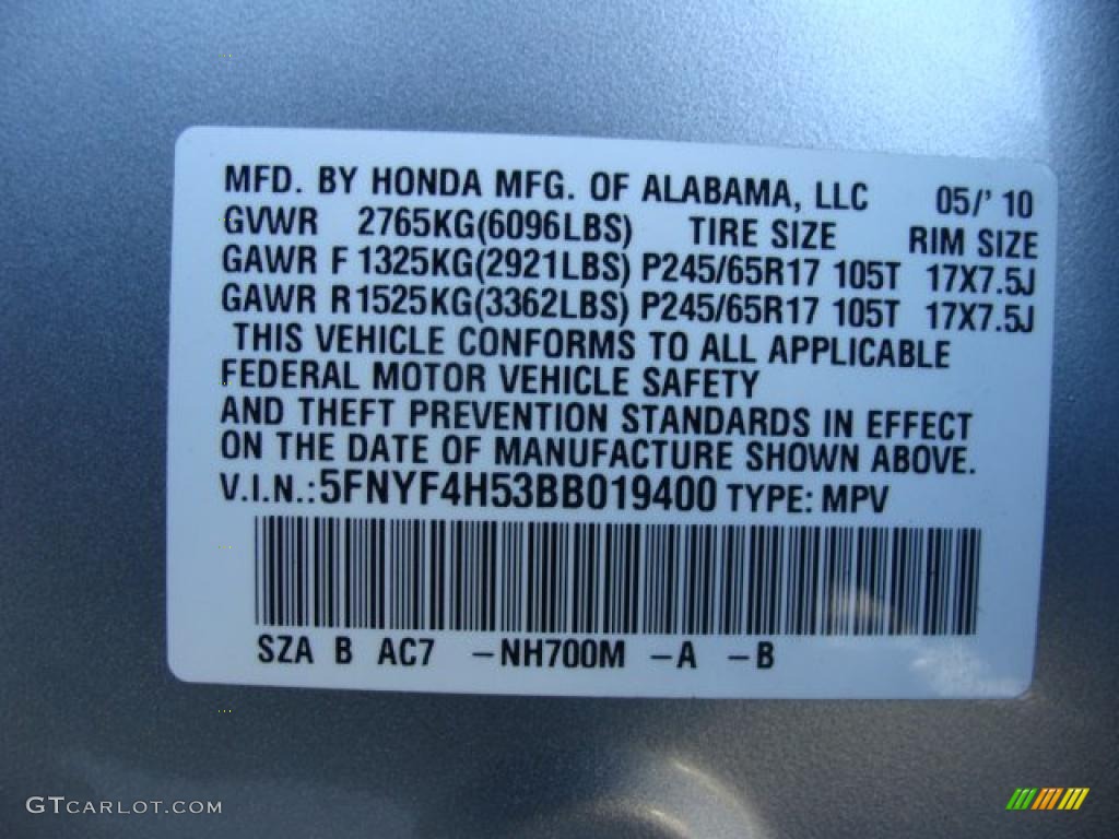2011 Pilot Color Code NH700M for Alabaster Silver Metallic Photo #45157924