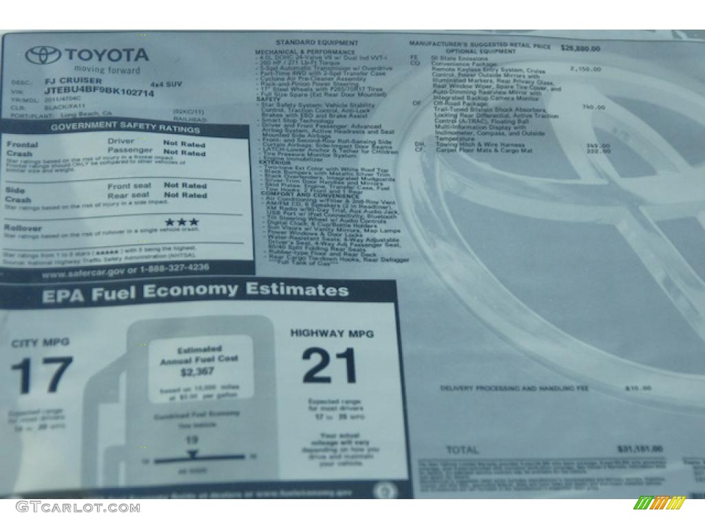 2011 Toyota FJ Cruiser 4WD Window Sticker Photo #45180332