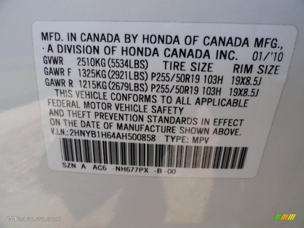 2010 ZDX Color Code NH677PX for Aspen White Pearl Photo #45183457