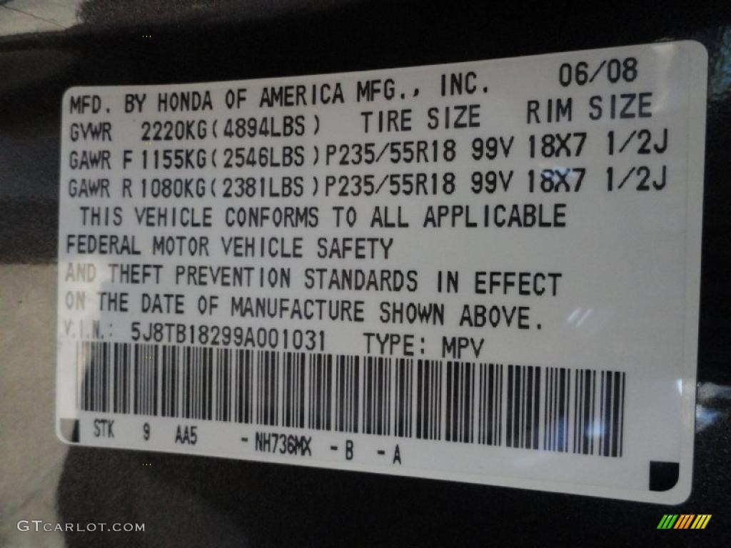 2009 RDX Color Code NH736MX for Grigio Metallic Photo #45185157