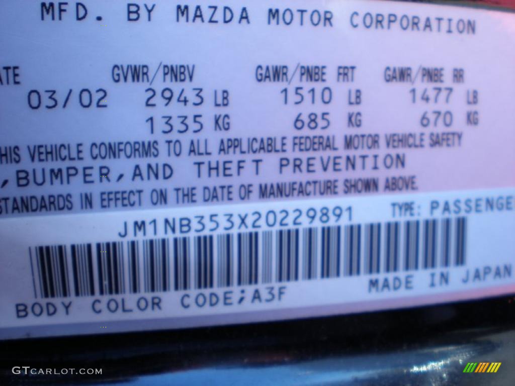 2002 MX-5 Miata Color Code A3F for Brilliant Black Photo #45194677