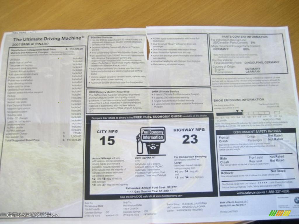 2007 BMW 7 Series Alpina B7 Window Sticker Photo #45227161