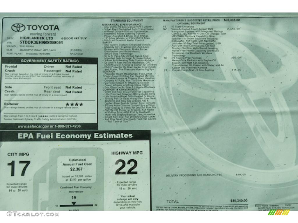 2011 Toyota Highlander Limited 4WD Window Sticker Photo #45237861