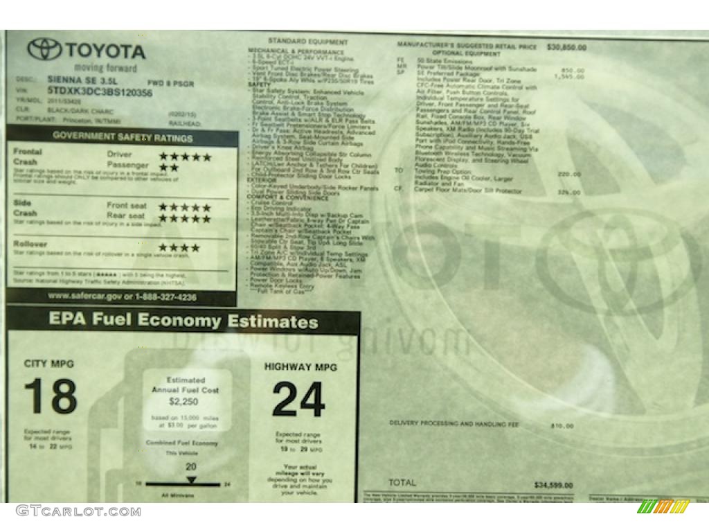 2011 Toyota Sienna SE Window Sticker Photo #45239757